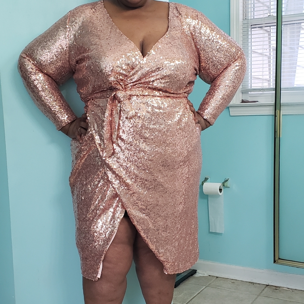 Long sleeve rose gold sequin wrap dress